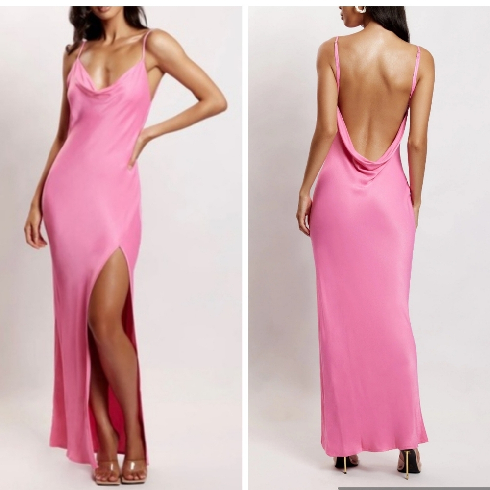 Meshki hot pink cowl neck backless high slit maxi dress gown open back silky L